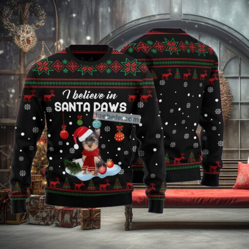 Yorkshire Terrier Santa Paw Black Funny Christmas Sweaters For Adults