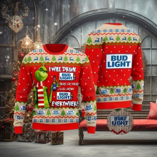 Bud Light Grinch Ugly Beer Ugly Christmas Sweater Xmas 3D Printed Christmas Sweater Gift