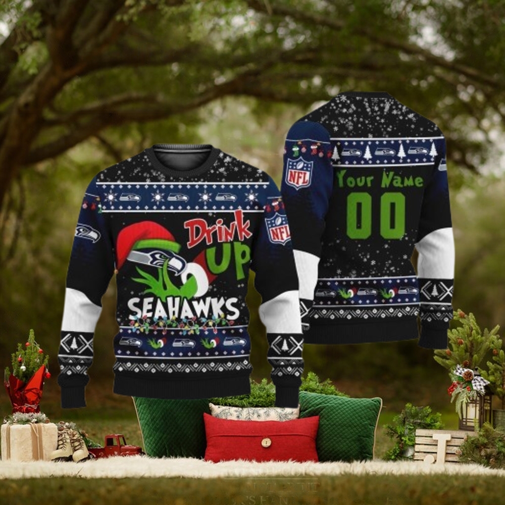 Custom NFL Seattle Seahawks Ugly Christmas Sweater Grinch Drink Up Christmas Gift For Football Fans Custom NFL Seattle Seahawks Ugly Christmas Sweater Grinch Drink Up Christmas Gift For Football Fans