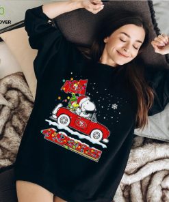 Happy Merry Christmas Snoopy drive a car San Francisco 49ers logo flag gift hoodie, sweater, longsleeve, shirt v-neck, t-shirt