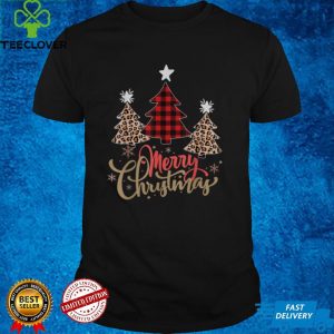 Women Leopard Plaid Christmas Tree Merry Christmas T Shirt