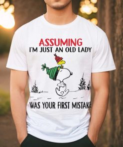 Snoopy and Woodstock hat santa assuming I’m just an old lady was your mistake christmas shirt