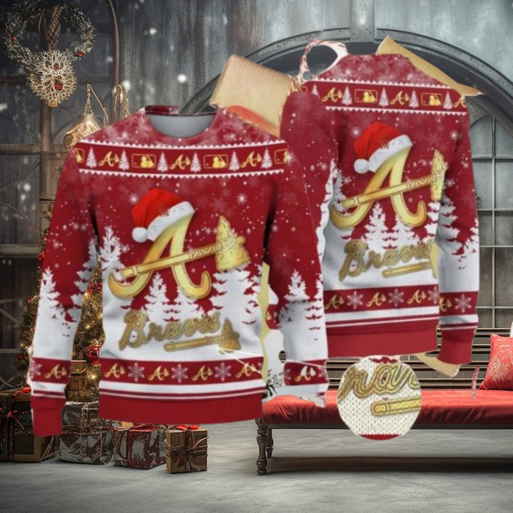 Atlanta Braves Logo Golden Fans Santa Hat Tree Ugly Christmas Sweater Atlanta Braves Logo Golden Fans Santa Hat Tree Ugly Christmas Sweater