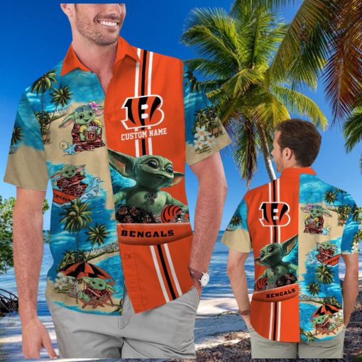 Cincinnati Bengals Baby Yoda Name Personalized Short Sleeve Button Up Tropical Hawaiian Shirt