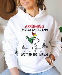 Snoopy and Woodstock hat santa assuming I’m just an old lady was your mistake christmas shirt