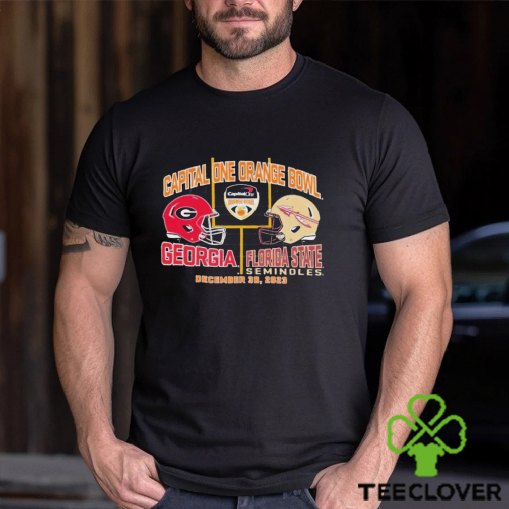 2023 Orange Bowl Georgia Bulldogs vs. Florida State Seminoles Dueling Helmet Shirt 2023 Orange Bowl Georgia Bulldogs vs. Florida State Seminoles Dueling Helmet Shirt