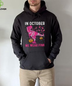 In October We Wear Pink Breast Cancer Dino Pumpkin Halloween T Shirt