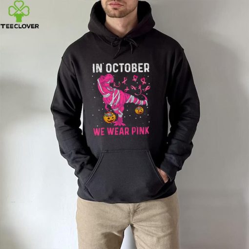 In October We Wear Pink Breast Cancer Dino Pumpkin Halloween T Shirt