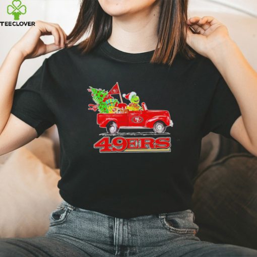 Happy Merry Christmas The Grinch drive a car San Francisco 49ers football logo flag gift hoodie, sweater, longsleeve, shirt v-neck, t-shirt