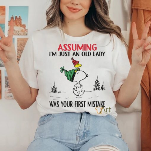 Snoopy and Woodstock hat santa assuming I’m just an old lady was your mistake christmas shirt