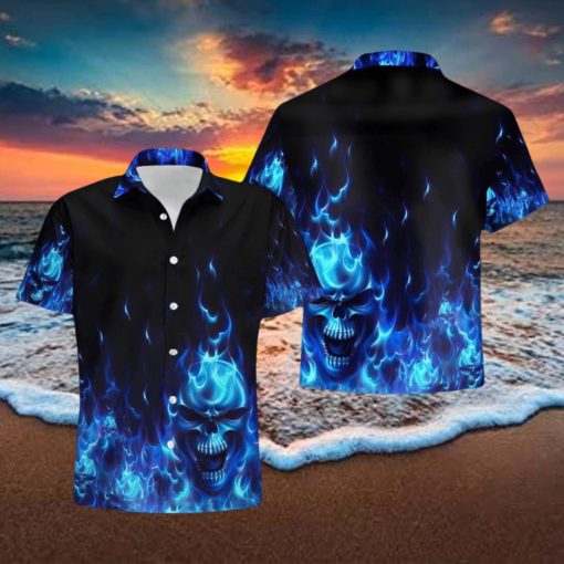 Buy Skull Flame Blue 3d All Over Hawaiian Shirtt
