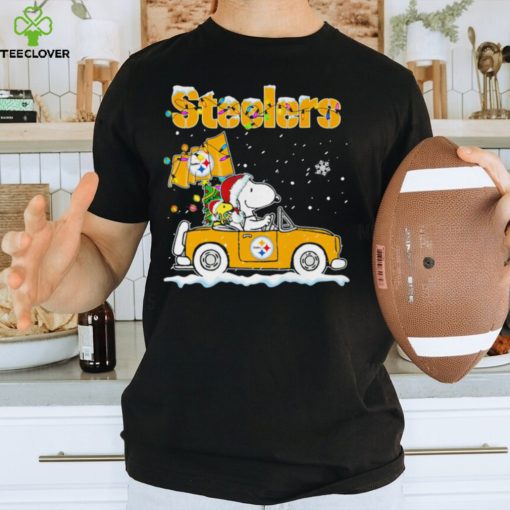 Happy Merry Christmas Snoopy drive a car Pittsburgh Steelers logo flag gift hoodie, sweater, longsleeve, shirt v-neck, t-shirt