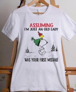 Snoopy and Woodstock hat santa assuming I’m just an old lady was your mistake christmas shirt