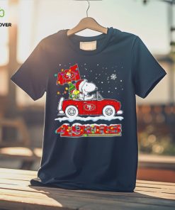 Happy Merry Christmas Snoopy drive a car San Francisco 49ers logo flag gift hoodie, sweater, longsleeve, shirt v-neck, t-shirt