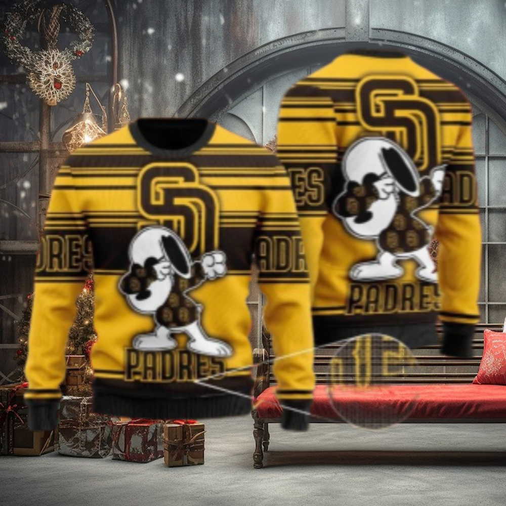 San Diego Padres Ugly Sweater With Snoopy Dabbing Design San Diego Padres Ugly Sweater With Snoopy Dabbing Design
