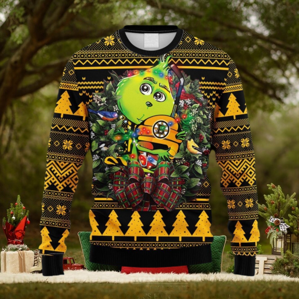 nhl logo boston bruins grinch hug christmas ugly sweater for men women nhl logo boston bruins grinch hug christmas ugly sweater for men women
