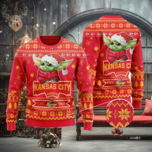 Kansas City Chiefs Cute Baby Yoda Grogu Ugly Christmas Sweater