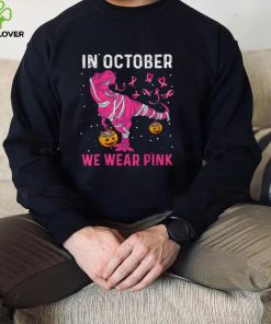 In October We Wear Pink Breast Cancer Dino Pumpkin Halloween T Shirt0