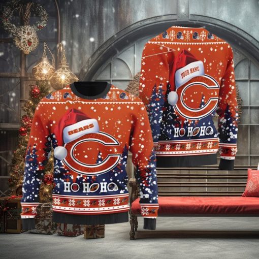 Chicago Bears Symbol Wearing Santa Claus Hat Ho Ho Ho Custom Personalized Ugly Christmas Sweater 3D Printed Men And Women Holiday Gift