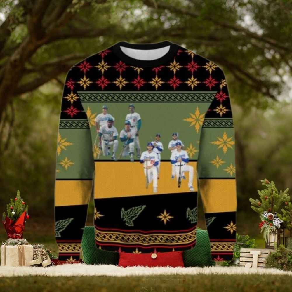 MLB LA Dodgers Team Lineup Green And Gold Ugly Christmas Sweater MLB LA Dodgers Team Lineup Green And Gold Ugly Christmas Sweater