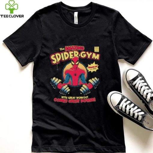 the amazing spidergym spider man queens ny este 1962 with great workout comes great power t hoodie, sweater, longsleeve, shirt v-neck, t-shirt t hoodie, sweater, longsleeve, shirt v-neck, t-shirt