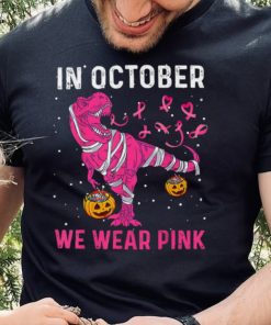 In October We Wear Pink Breast Cancer Dino Pumpkin Halloween T Shirt