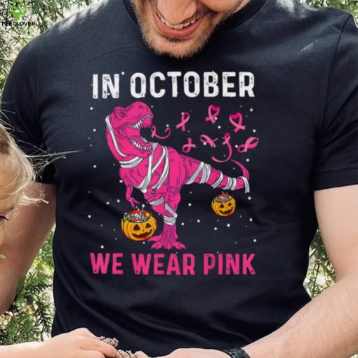 In October We Wear Pink Breast Cancer Dino Pumpkin Halloween T Shirt