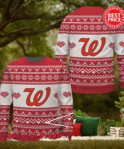 walgreens red white design logo snowflake heart ugly christmas sweater
