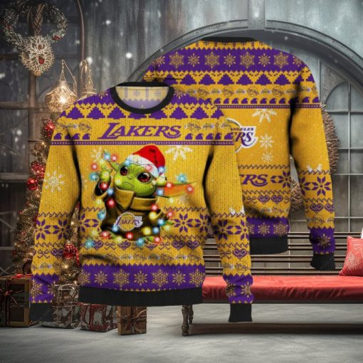 Lakers Ugly Sweater Baby Yoda Star Wars 3D Ugly Christmas Sweater Presents Christmas For Men And Women