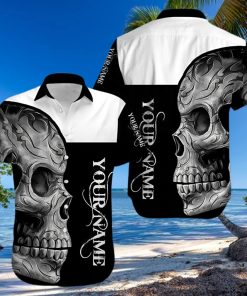 Buy Custom Name Black And White Skull Unisex Hawaiian Aloha Shirt