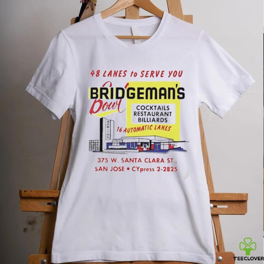 Bridgeman’s Bowl 48 lanes to serve you cocktails restaurant billiards shirt Bridgeman’s Bowl 48 lanes to serve you cocktails restaurant billiards shirt